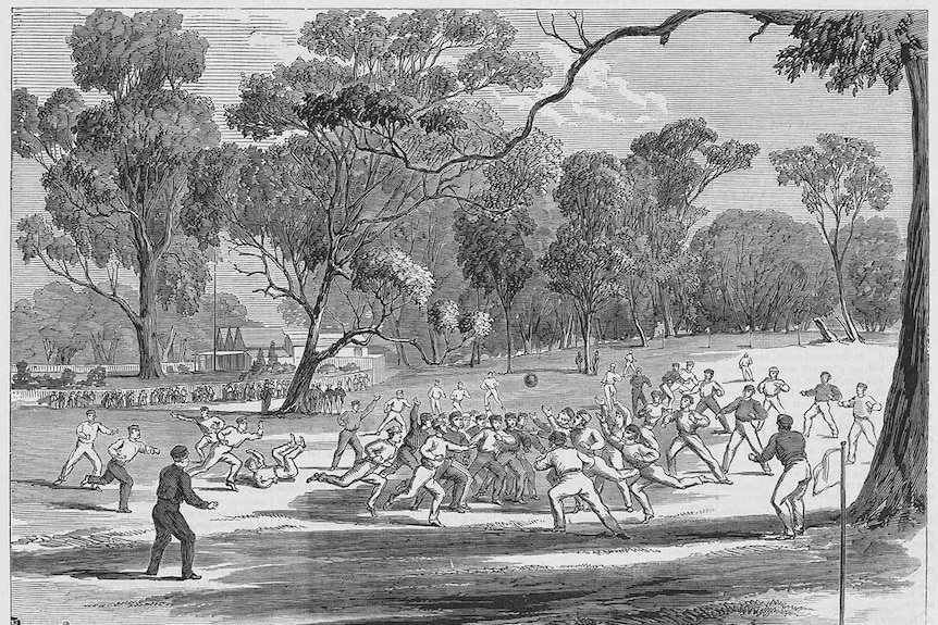 Illustration of Australian Rules being played in Richmond, Victoria, 1866.