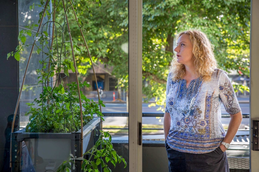 St Kilda Rd apartment owner Bronnie Walsh looking out a window.