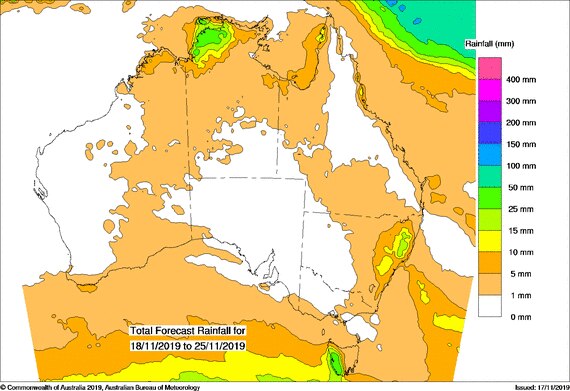 Map of Australia with a patch over the NT one over tas and another over NSW which indicate less than 50ml.