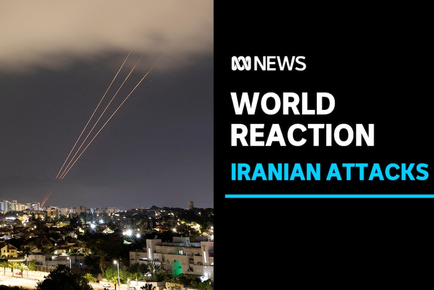 World Reaction, Iranian Attacks: Streaks of light over a nighttime cityscape.