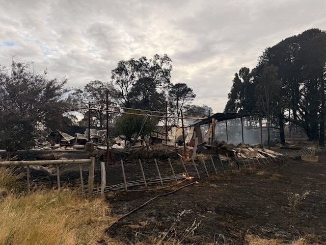 Prédios queimados em Harcourt, Victoria.