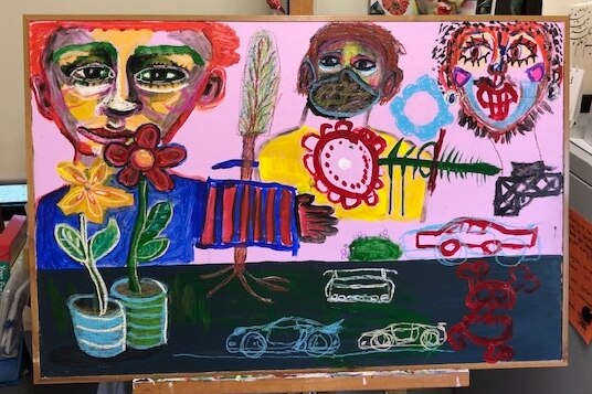 A colourful painting of faces, flowers and cars.