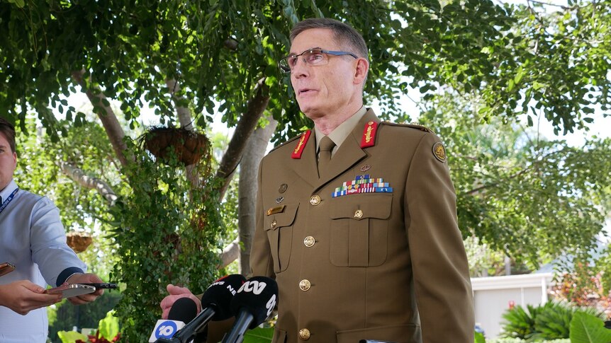 General Angus Campbell speaks to the media in Townsville