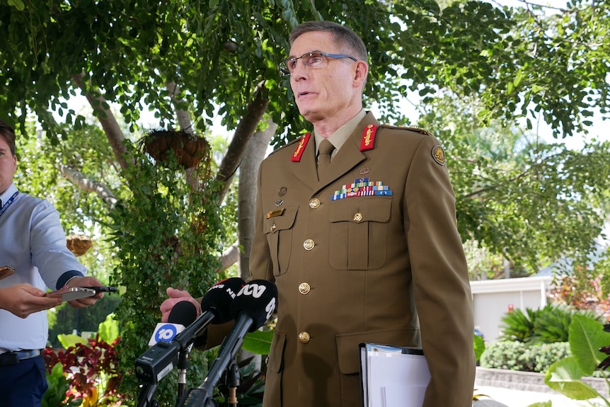 General Angus Campbell speaks to the media in Townsville