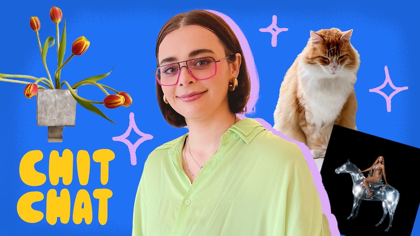 An image of Hattie cut out against a blue background with Jerry, right, Beyonce's Renaissance album, right, and tulips, left.