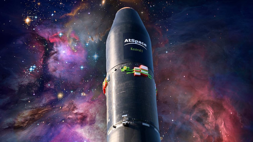 A composite image of the Kestrel 1 rocket against a galaxy background.