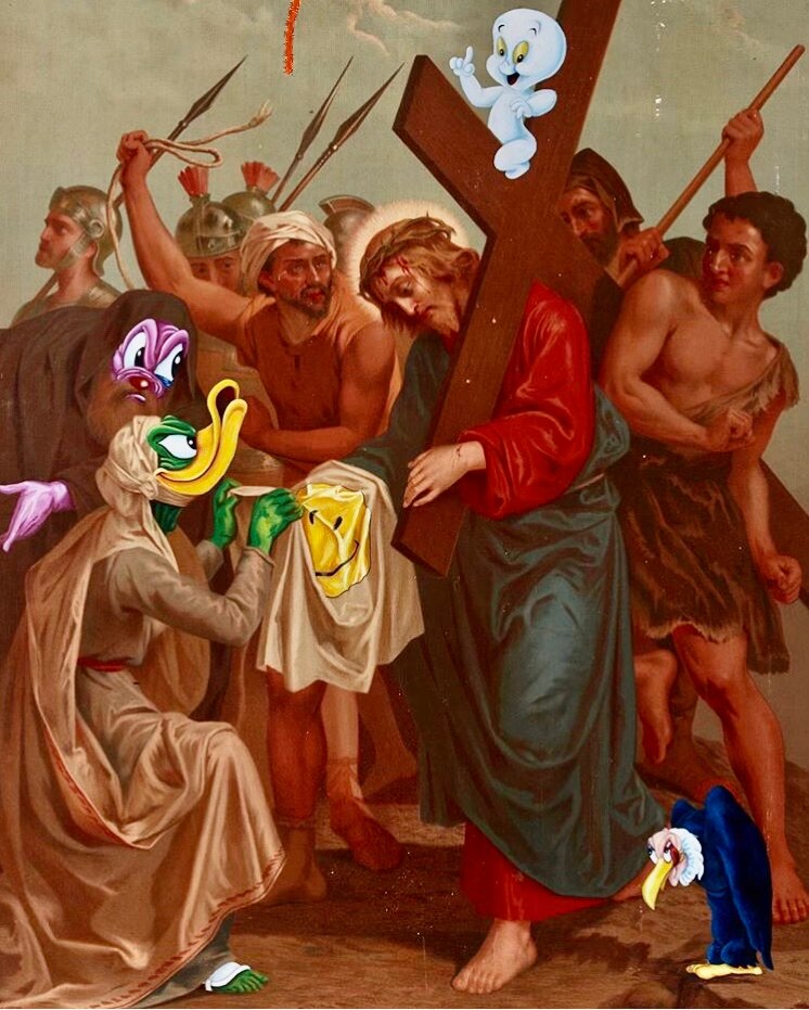 A biblical scene in which some of the characters faces have been replaced with cartoons