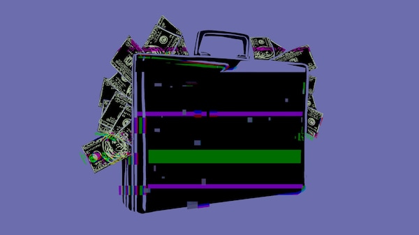 An illustration of a briefcase with cash coming out. The whole image is glitching.