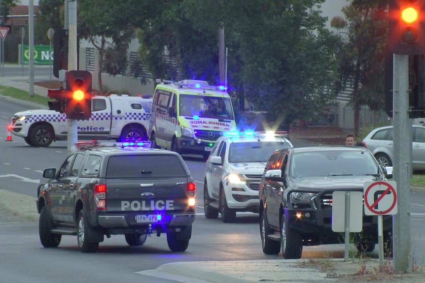 Several police cars and an ambulance at the scene of a car crash in the early morning.