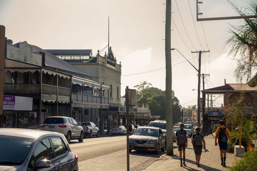 Looking down the Bellingen main street at building with heritage facades, in February 2018.