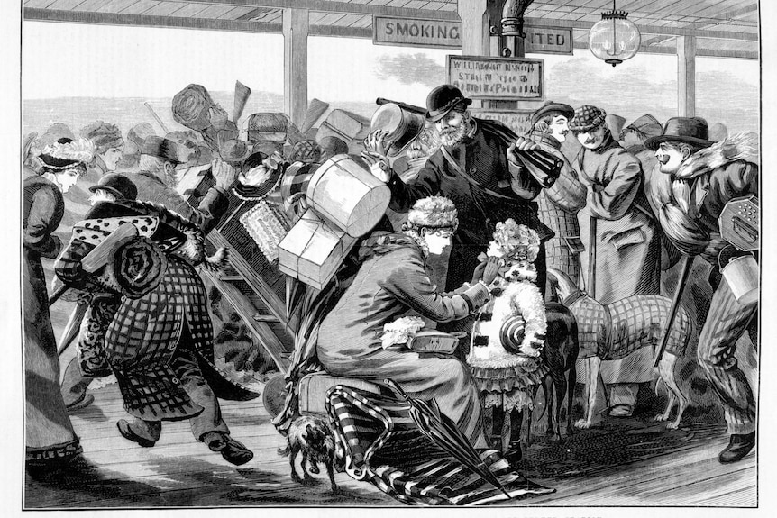 AN illustration showing a crowd of shoppers at a train station