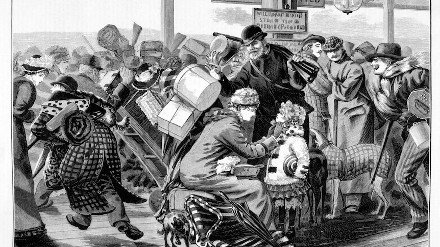 An illustration showing a crowd of shoppers at a train station
