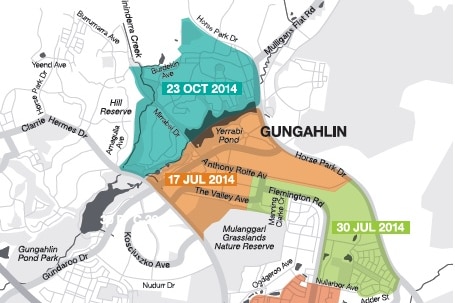 Map of the NBN switch-over in Gungahlin in Canberra.