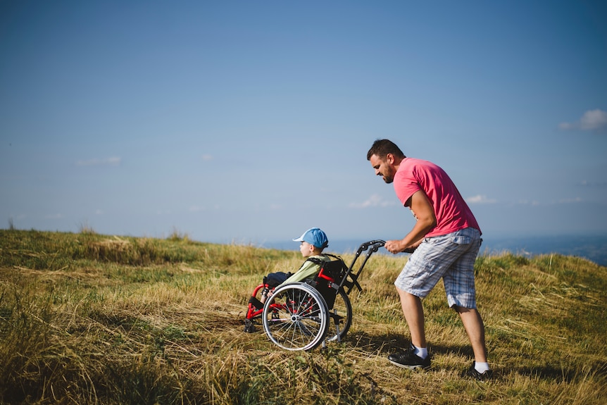 A man pushes a child in a wheelchair up a grassy knoll.