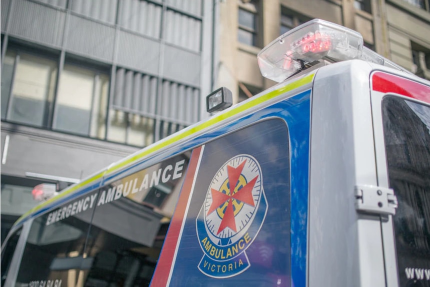 An ambulance outside a hospital.