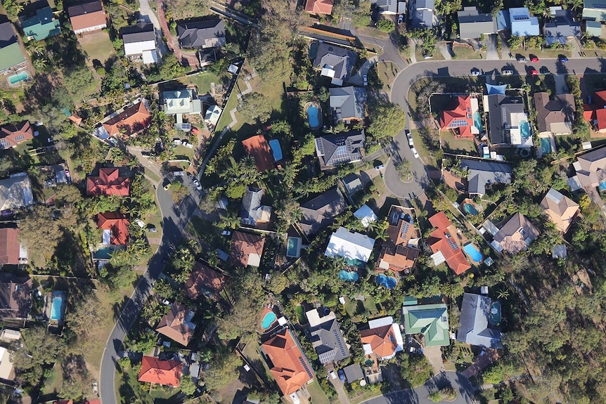 An aerial photo looking down from a hot air balloon into a suburb