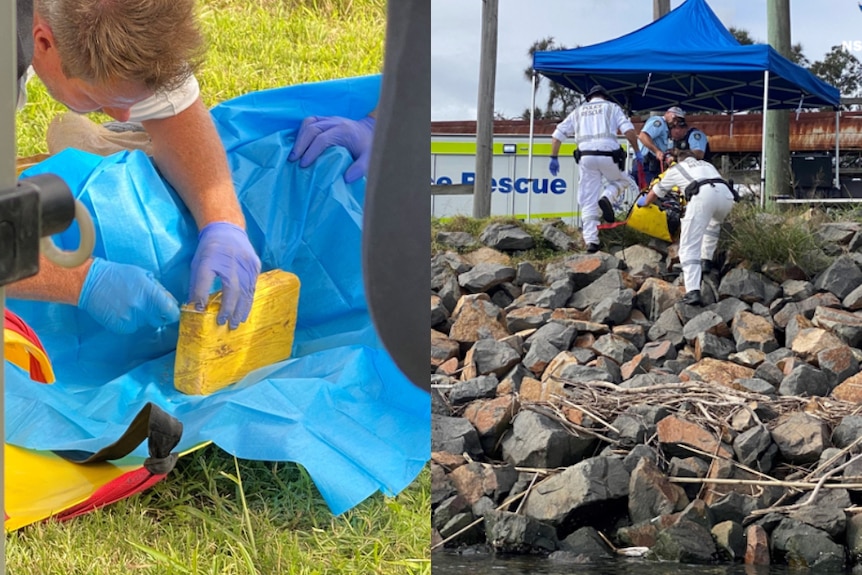 A man putting a yellow package into tarpaulin and people climbing up rocks.