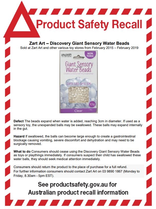 An ACCC recall warning of the dangers associated with water beads.