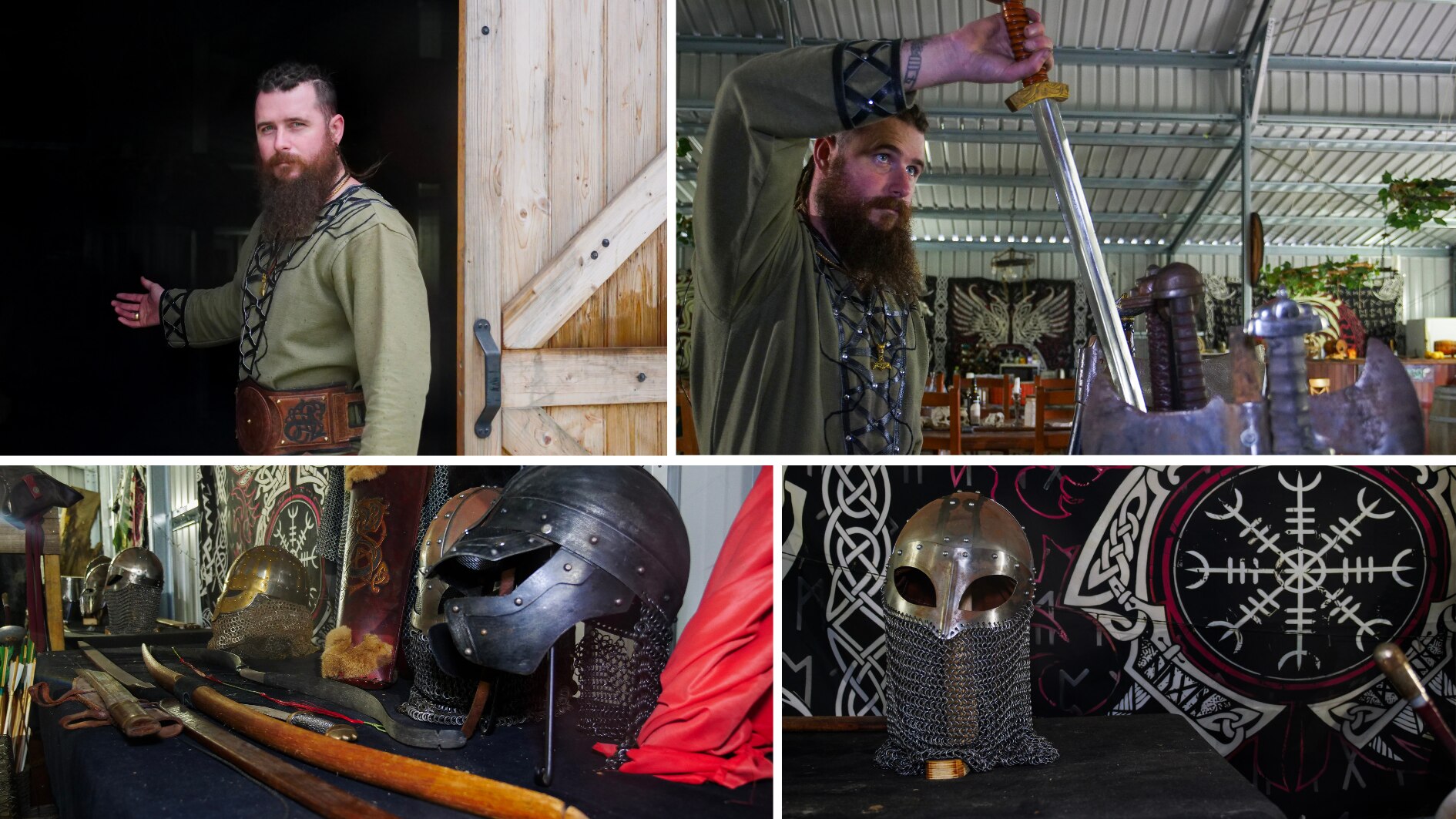 Collage of medieval pictures, Alpin in costume, swords, axes, etc.