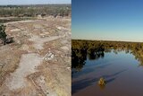 An aerial photo of the dry Barwon River and fish traps at Brewarrina in 2019 compared with a photo of it in flood in April 2021.