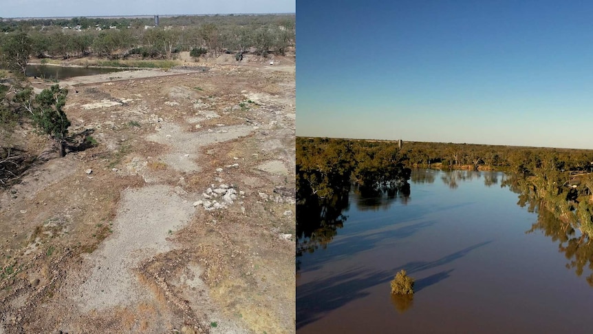 An aerial photo of the dry Barwon River and fish traps at Brewarrina in 2019 compared with a photo of it in flood in April 2021.