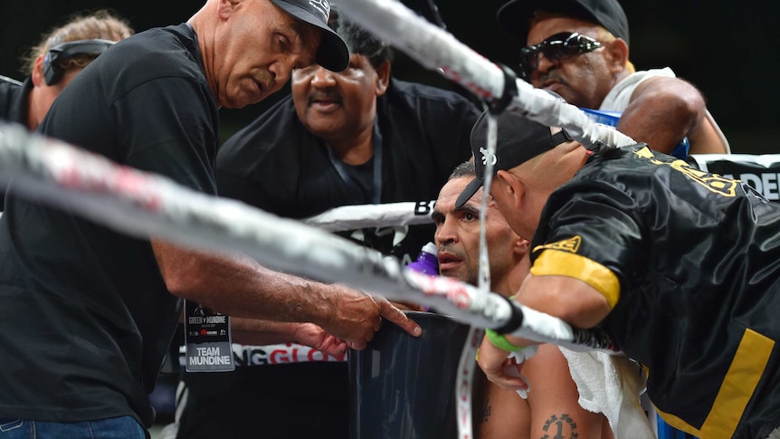 Anthony Mundine looks on in his corner during bout against Danny Green