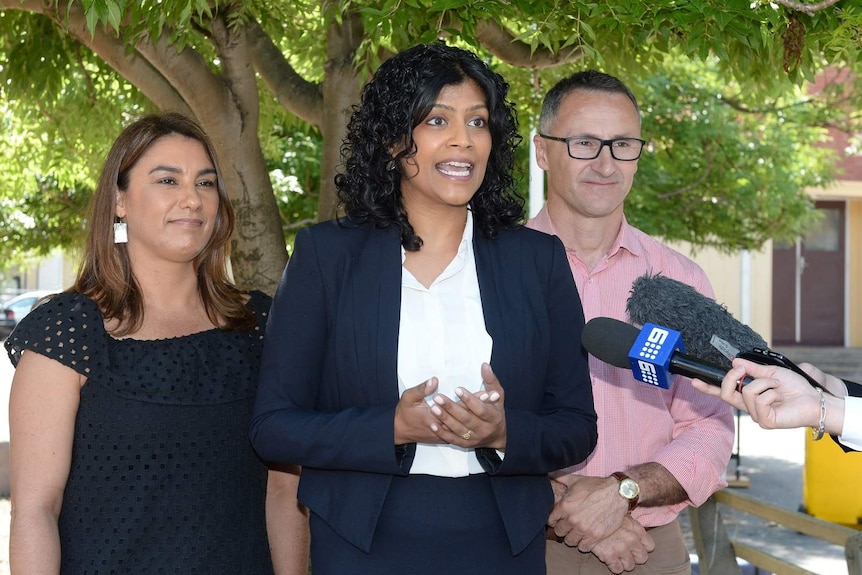 Greens' Northcote candidate Lidia Thorpe (left) with Samantha Ratnam and Richard Di Natale during a press conference.