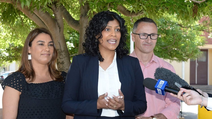Greens' Northcote candidate Lidia Thorpe (left) with Samantha Ratnam and Richard Di Natale during a press conference.