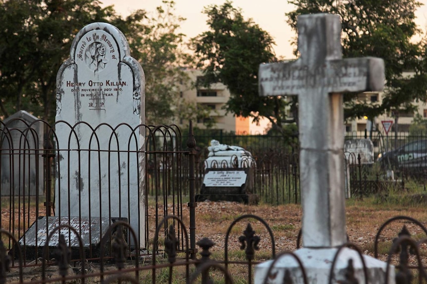 A photo of two burial headstones in the Pioneer Cemetery.