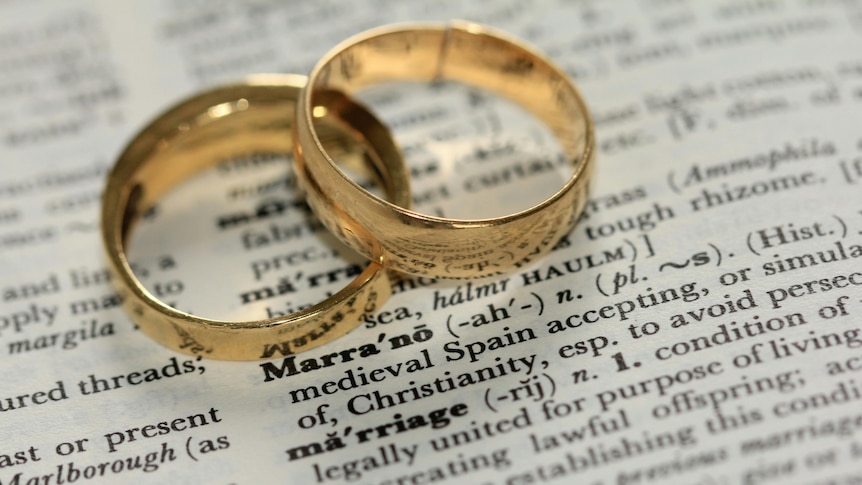 Two wedding bands resting on a book. 