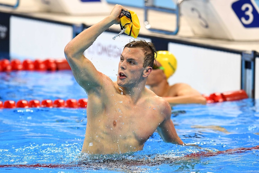Kyle Chalmers of Australia reacts after winning the men's 100 metres freestyle final at the Rio Olympics on August 10, 2016.