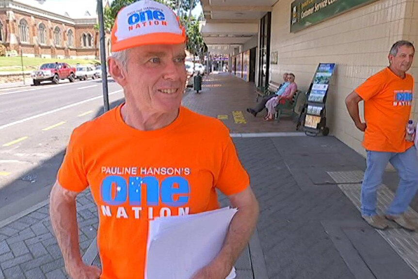 Malcolm Roberts in One Nation cap on the campaign trail in Ipswich