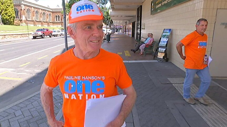 Malcolm Roberts in One Nation cap on the campaign trail in Ipswich