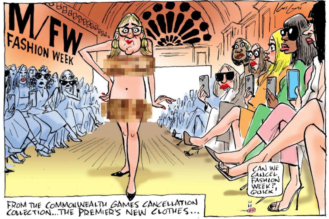 A cartoon showing Victorian Premier Jacinta Allan naked on a fashion show runway.