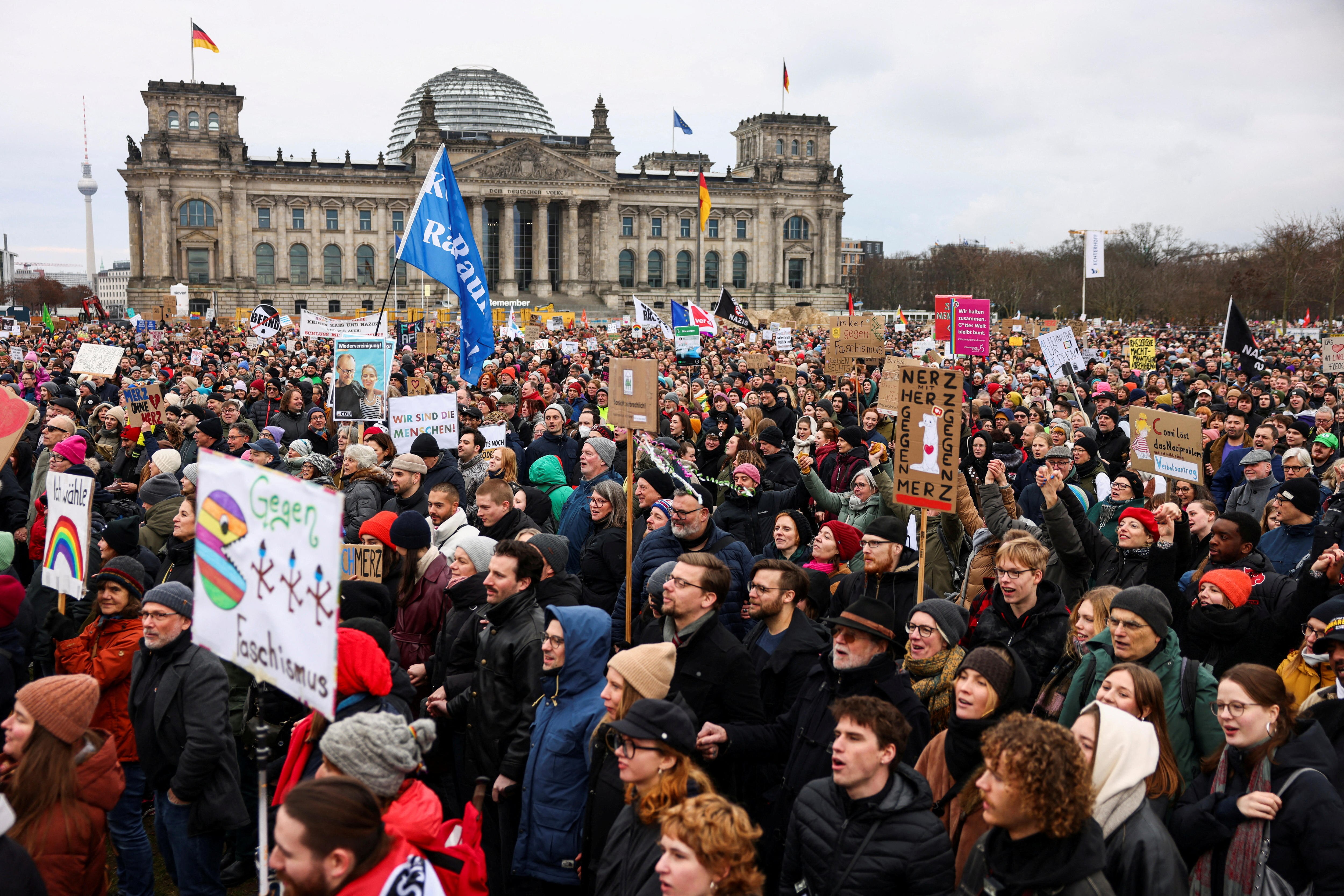 A large crowd of protesters outside the Reichstag building in Berlin.
