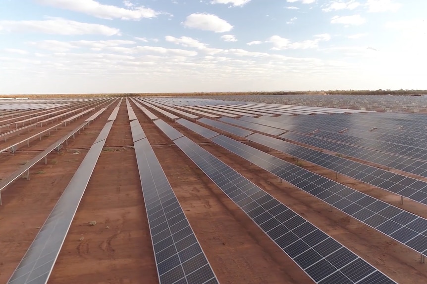Lines of solar panels on red dirt