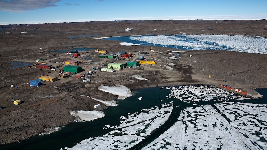 Bird's eye view of the research station in Antarctica.