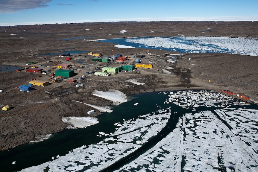 Bird's eye view of the research station in Antarctica.