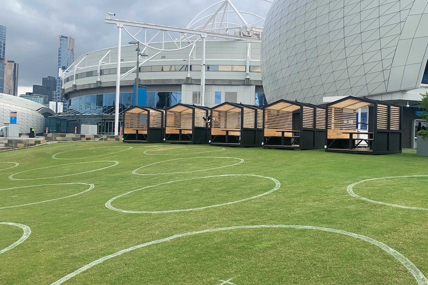 White circles are painted on the grass for social distancing at the Australian Open.