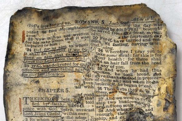 A page from a bible (with passages underlined) unearthed at the Commonwealth war grave dig in Fromelles in 2009.