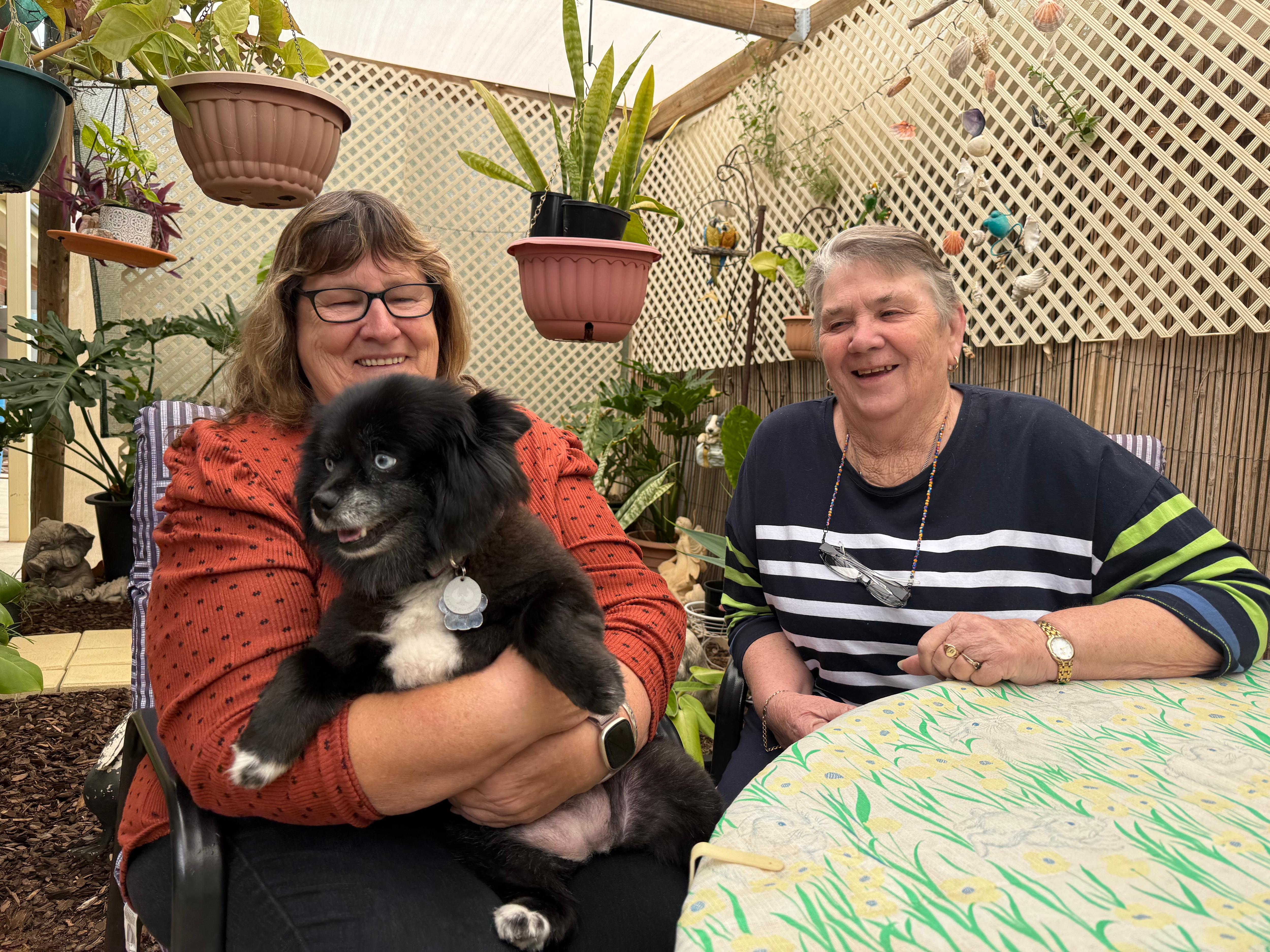 A bespectacled brunette woman, Rhonda, holds a fluffy black and white dog, next to grey-haired woman Carol.