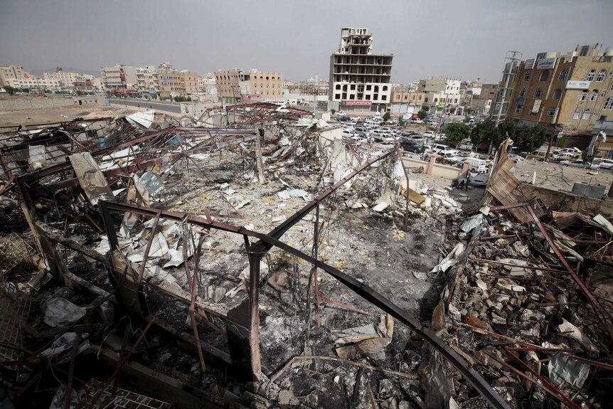 A general view shows a wedding hall destroyed by a Saudi-led air strike in Yemen's capital Sana