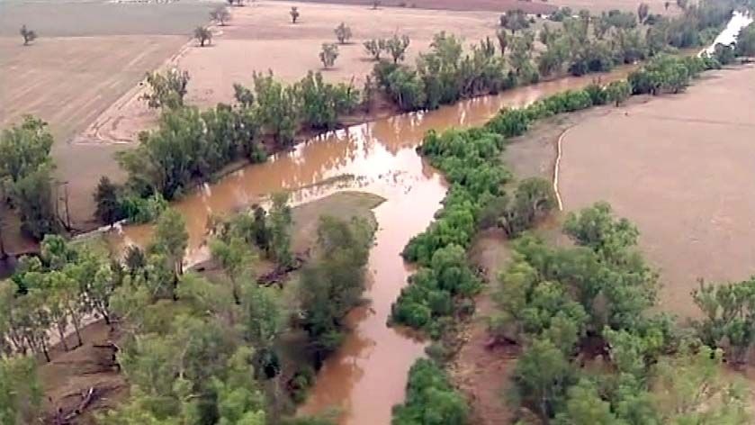 Aerial shot of a river in NSW after heavy Christmas rain in the north-west of the state