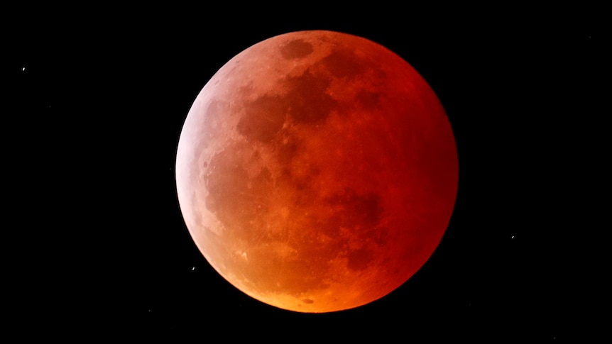 Clear, zoomed in image of the moon, with a reddish orange hue over it.
