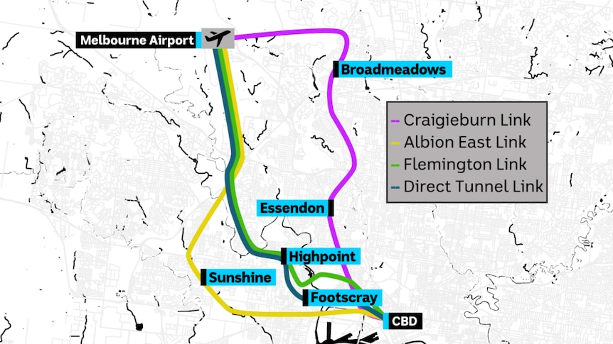 A map showing the proposed routes for the Melbourne Airport rail link.