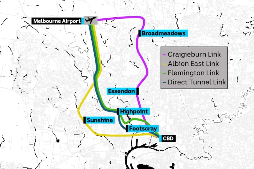 A map showing the proposed routes for the Melbourne Airport rail link.