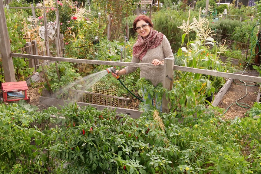 A woman with red hair who is holding a hose watering her garden.