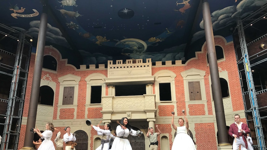 Actors rehears on the stage of a pop-up Globe Theatre in Melbourne.