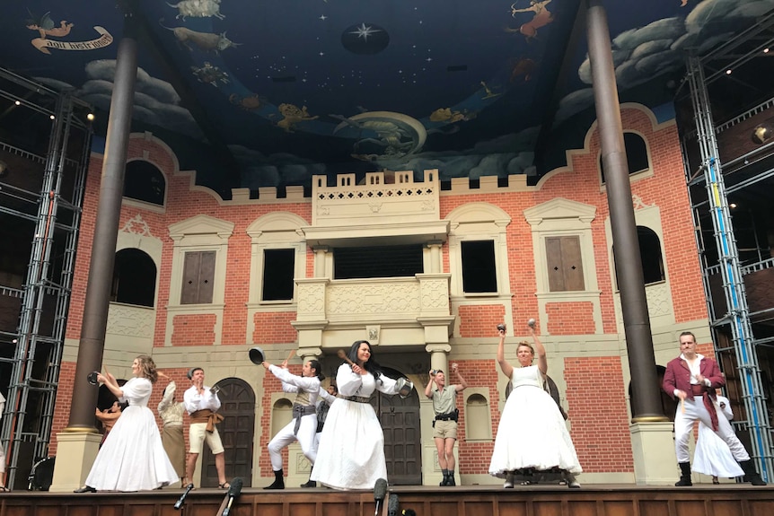 Actors rehears on the stage of a pop-up Globe Theatre in Melbourne.