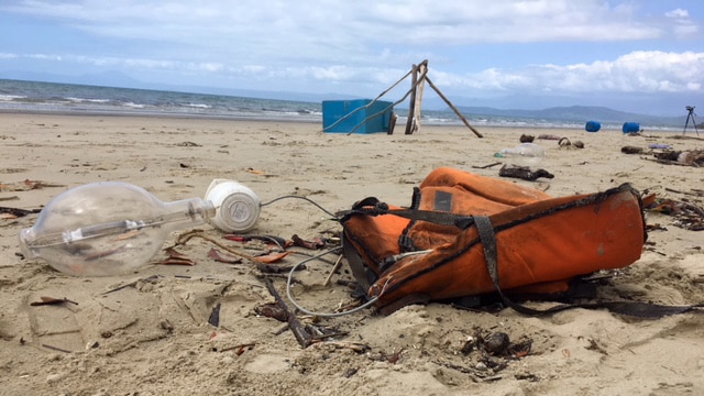 Debris from suspected illegal Vietnamese fishing boat washed up on beach at Cape Kimberley in the Daintree.